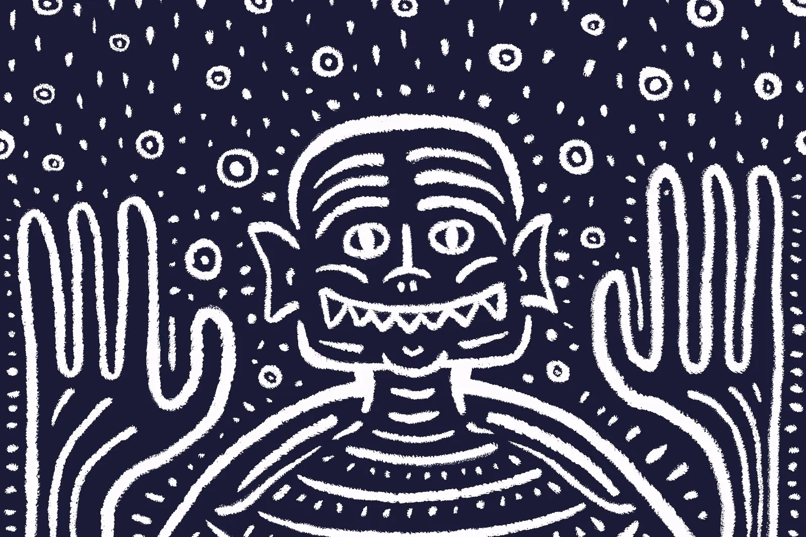 A symmetrical, white figure with horizontal lines and a wide mouth is centered against a dark background dotted with white circles, flanked by two large, curved hands.
