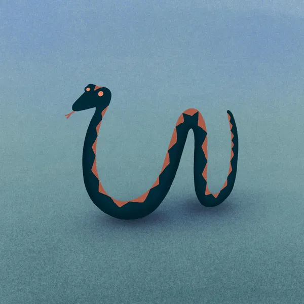A stylized, dark blue and orange striped snake is coiled on a solid, light blue-gray background.