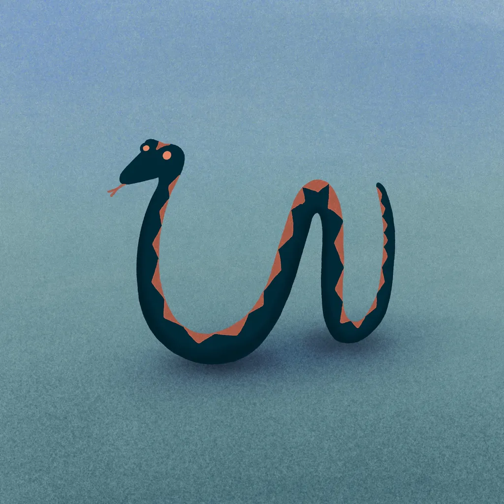 A stylized, dark blue and orange striped snake is coiled on a solid, light blue-gray background.