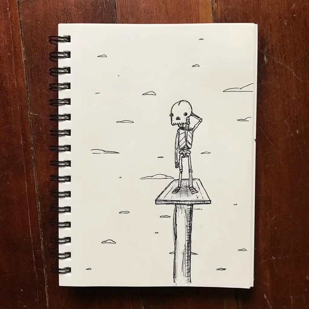 A black ink drawing on white paper depicts a stylized skeleton standing on a small platform, posed with one arm raised, against a background of simple sketched cloud shapes.