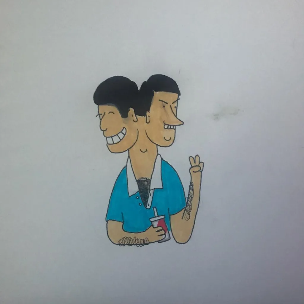 Two stylized men with black hair and blue shirts are drawn on white paper, smiling and posed together; the man on the right holds a drink and makes a hand gesture.