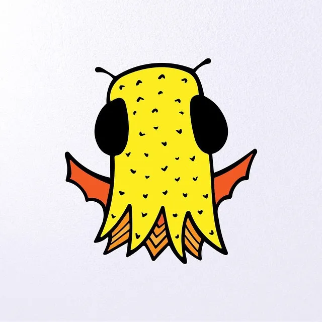 A stylized yellow creature with large black eyes and antennae, featuring a speckled body and sharp orange, pointed appendages extending from the sides.