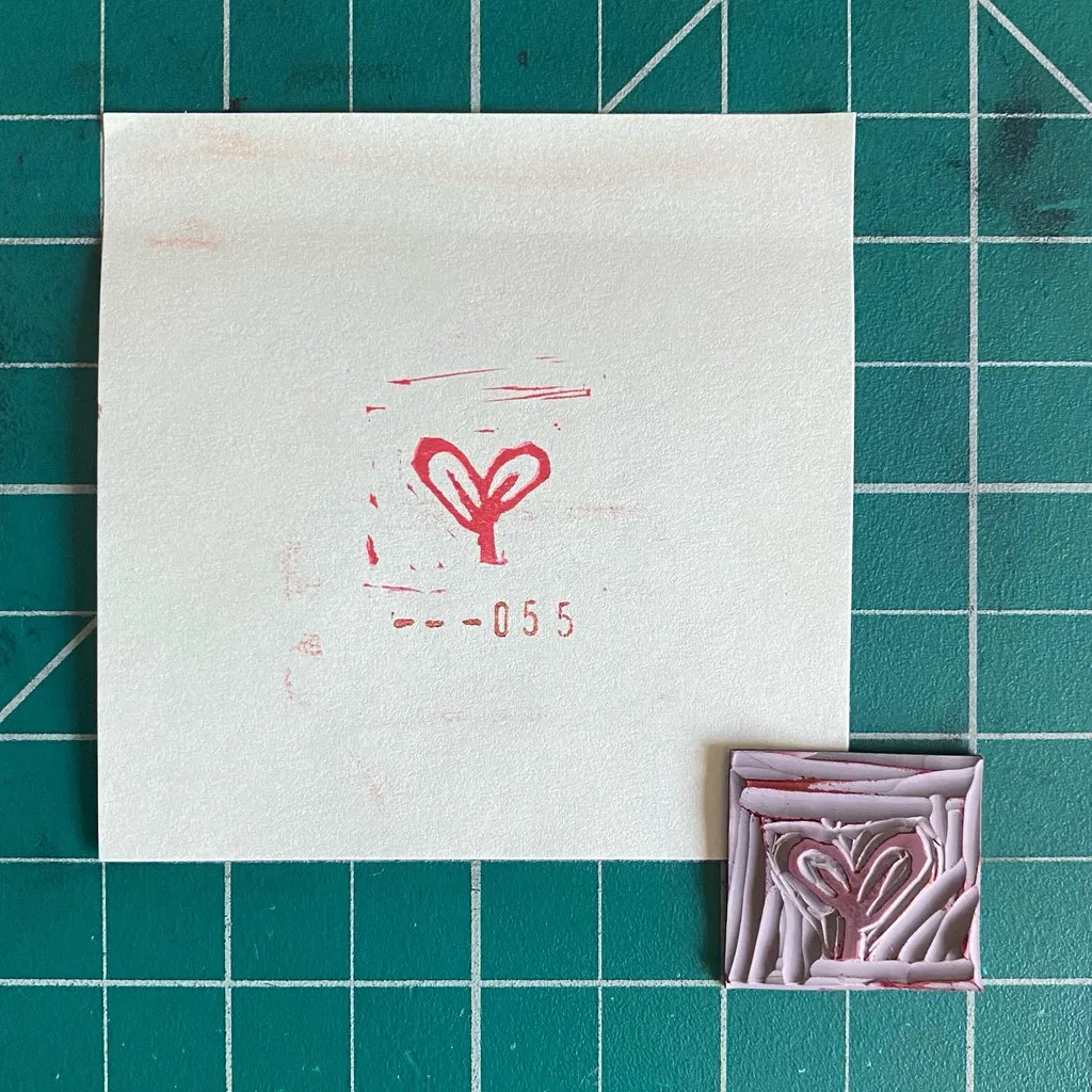 A white square paper featuring a red-pink stylized heart drawing and the numbers 055, placed on a teal grid background, next to a small, textured, pink heart object.