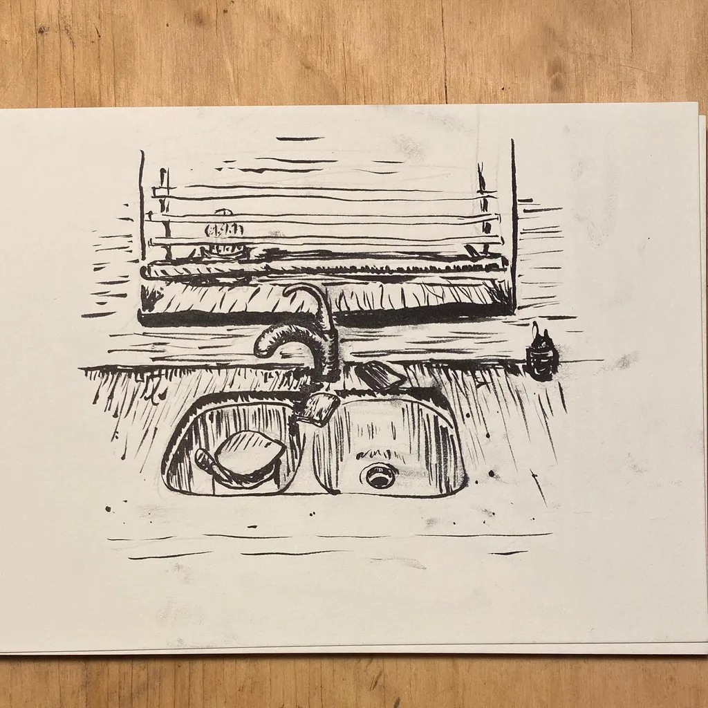 A black and white sketch depicts a wash basin set into a counter, featuring a curved faucet and visible drain opening, rendered with loose, sketchy lines.
