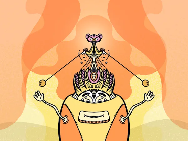 A symmetrical, stylized figure in yellow and orange is framed by flowing peach and orange shapes, featuring an ornate mask with a small bear on top and arms connected by lines to the headpiece.
