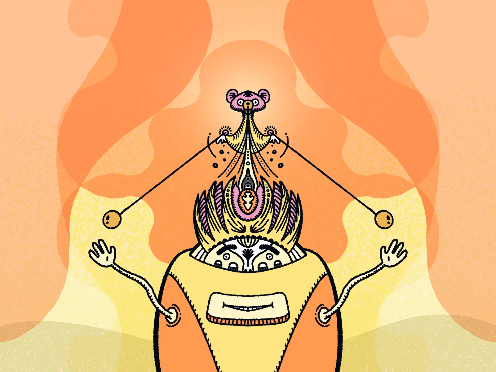 A symmetrical, stylized figure in yellow and orange is framed by flowing peach and orange shapes, featuring an ornate mask with a small bear on top and arms connected by lines to the headpiece.