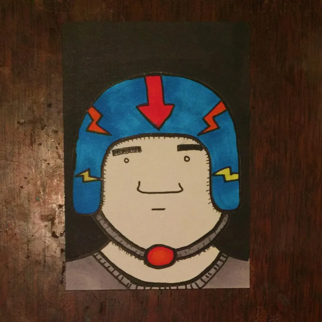 A stylized figure with a light face and a smile wears a blue helmet decorated with red and yellow lightning bolts, centered on a dark background.