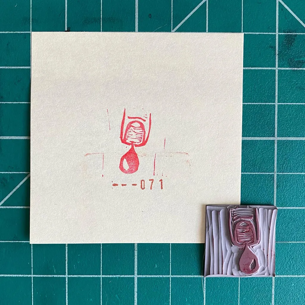 The composition shows a cream paper with a red abstract figure and the numbers --071, placed next to a textured reddish-purple object featuring grooves and a matching teardrop shape.