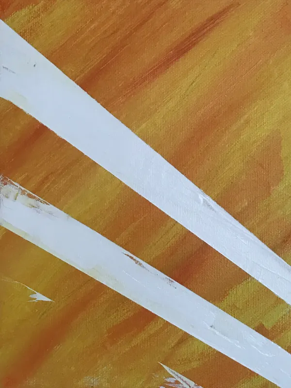 Diagonal white bands traverse a textured field of warm ochre and burnt orange, with visible brushstrokes defining the background color.