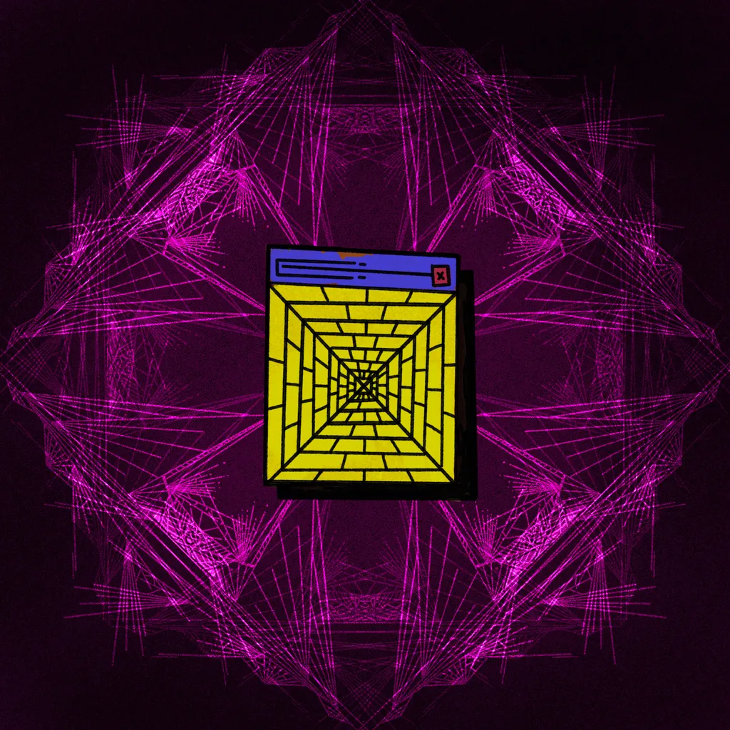 A dark background features a central yellow box with a receding grid, framed by a symmetrical, intricate pattern of glowing magenta lines.