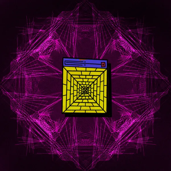 A dark background features a central yellow box with a receding grid, framed by a symmetrical, intricate pattern of glowing magenta lines.