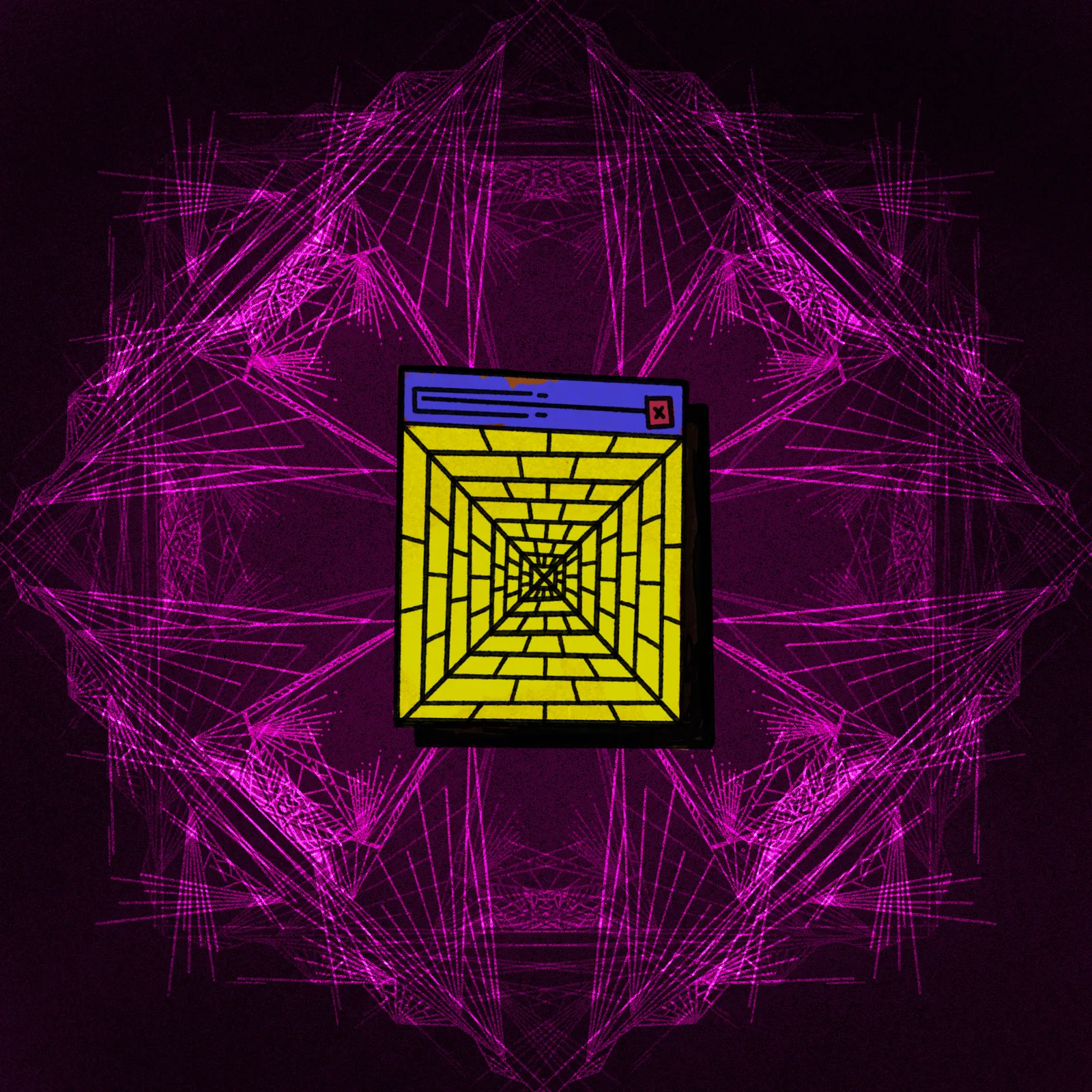 A dark background features a central yellow box with a receding grid, framed by a symmetrical, intricate pattern of glowing magenta lines.