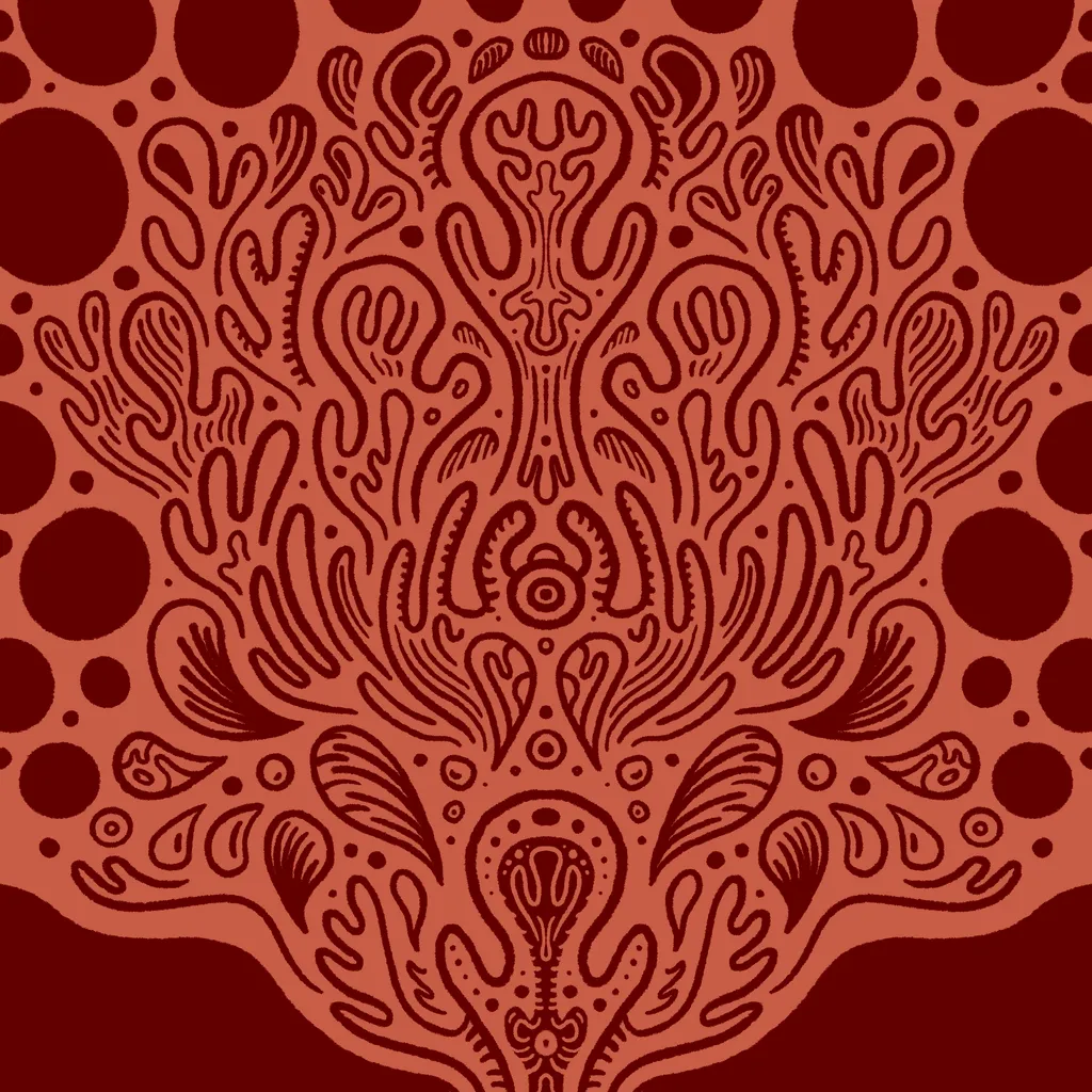 Intricate, symmetrical pattern in reddish-orange and deep red, featuring stylized organic shapes, swirls, and repeating circles radiating from a central, contained motif.