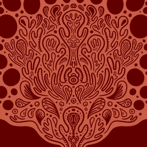 Intricate, symmetrical pattern in reddish-orange and deep red, featuring stylized organic shapes, swirls, and repeating circles radiating from a central, contained motif.