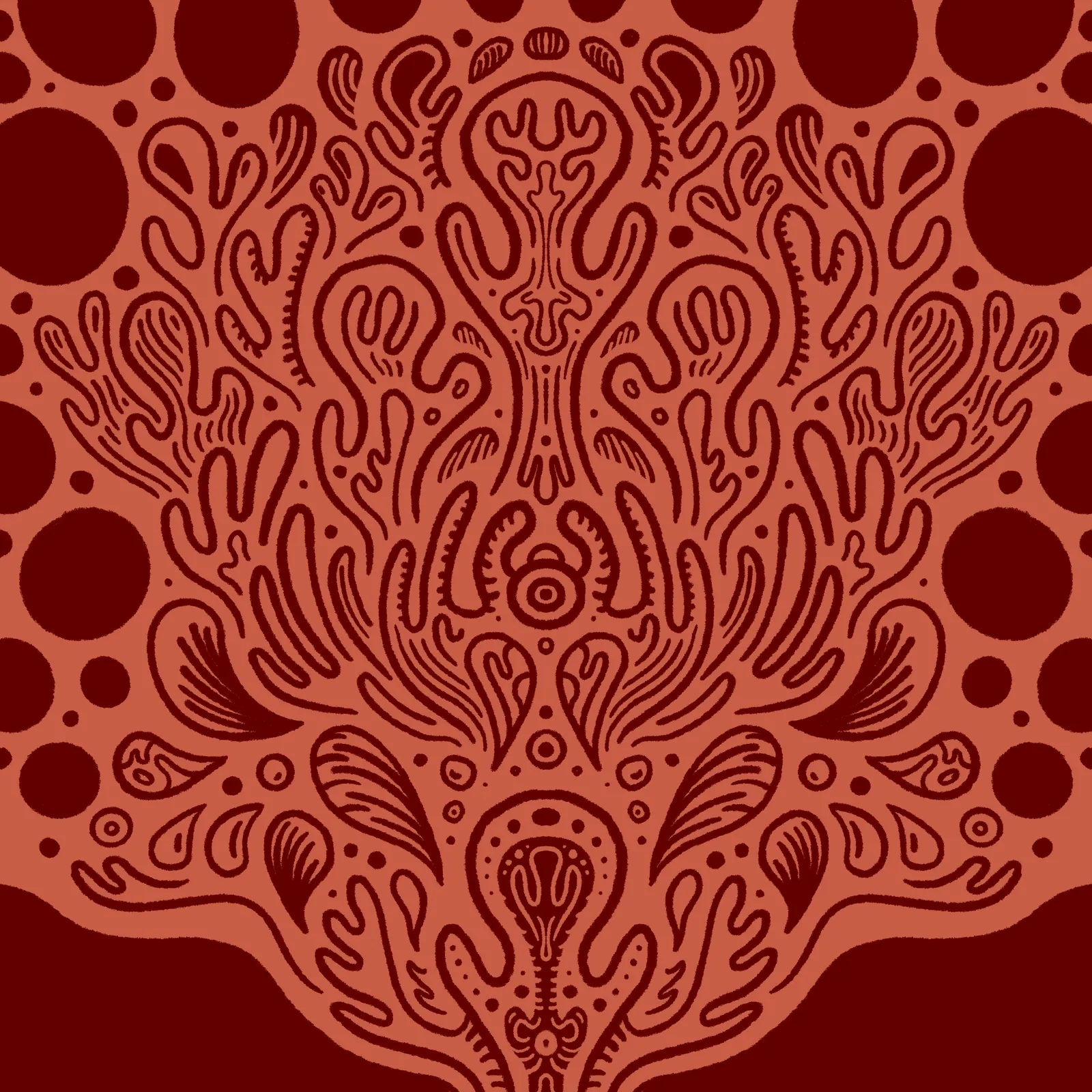 Intricate, symmetrical pattern in reddish-orange and deep red, featuring stylized organic shapes, swirls, and repeating circles radiating from a central, contained motif.