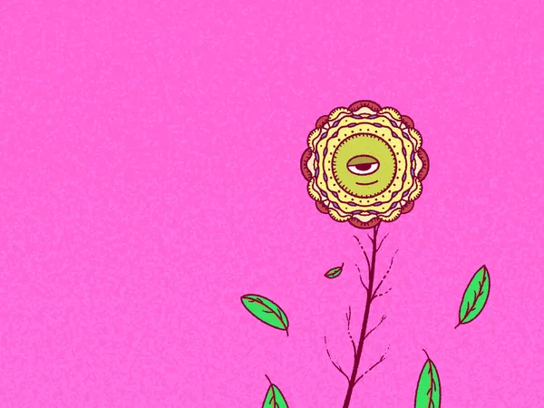 A stylized drawing of a yellow and maroon flower featuring a central eye motif, attached to a thin stem with green leaves, is positioned in the lower right corner against a solid bright pink background.