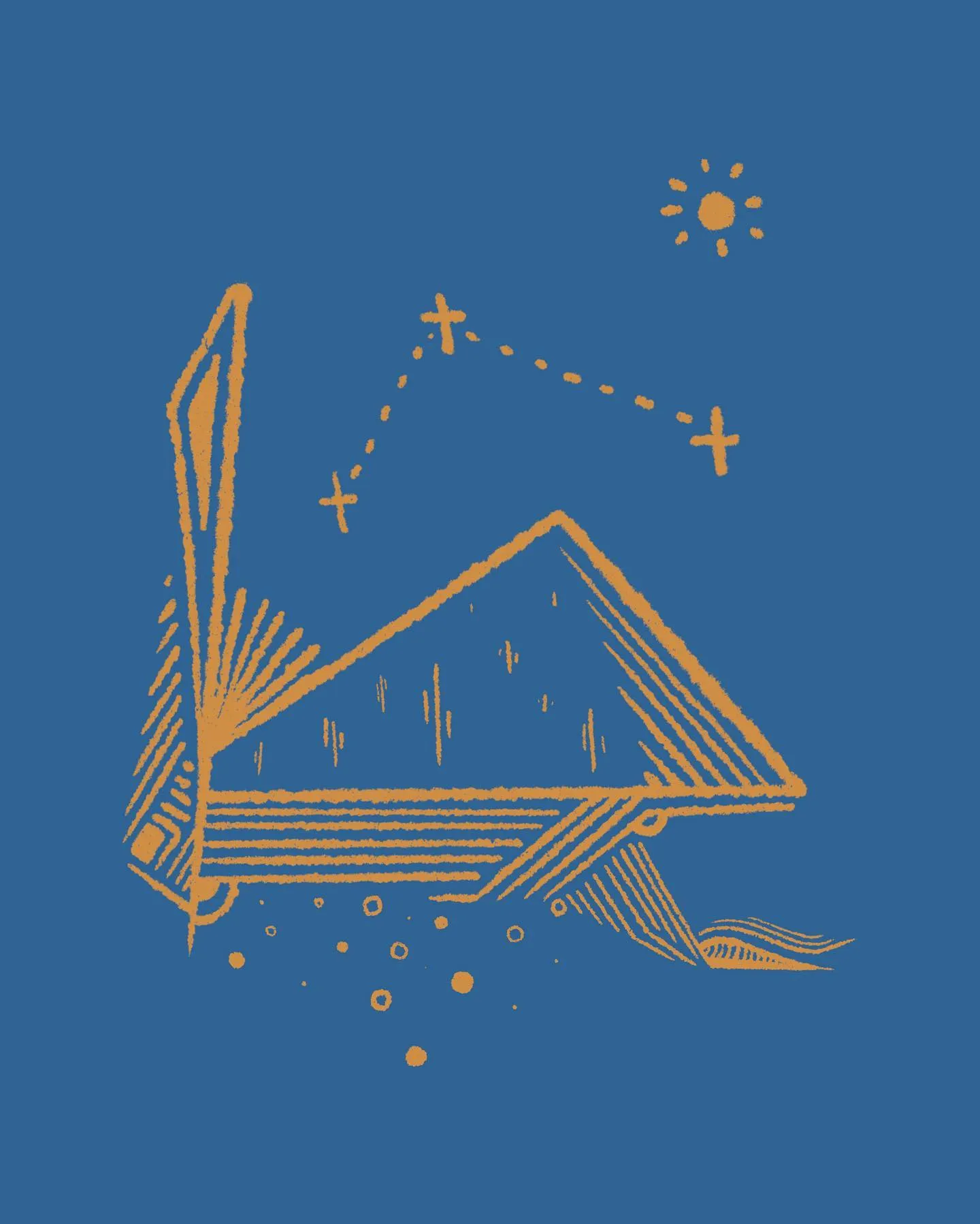 A mustard yellow geometric drawing on a deep blue background shows a stylized angular structure with parallel lines, a tall vertical element, and scattered crosses and a sunburst connected by dotted lines.