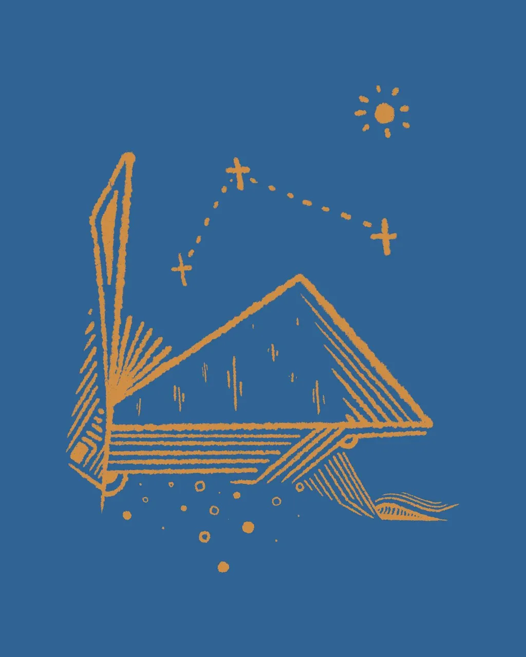 A mustard yellow geometric drawing on a deep blue background shows a stylized angular structure with parallel lines, a tall vertical element, and scattered crosses and a sunburst connected by dotted lines.