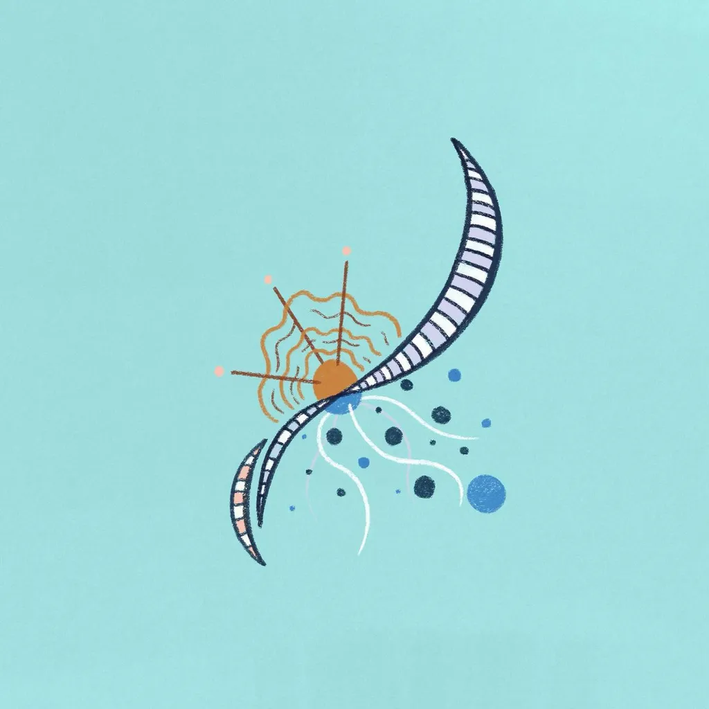 A stylized abstract composition on a pale mint background featuring two curved crescents, a central orange and black cluster of lines, and scattered blue and white circles.