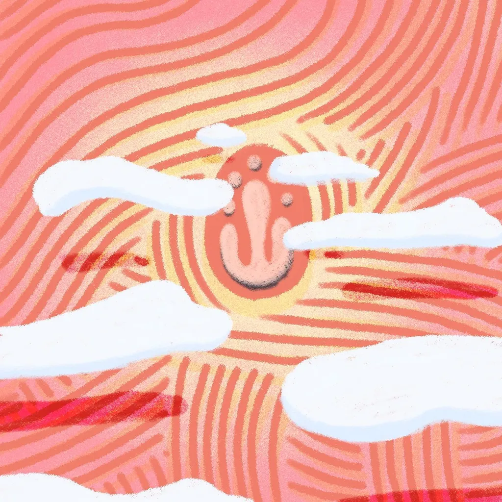 White clouds frame a central, stylized reddish-orange symbol against a vibrant background of radiating, wavy coral pink lines.