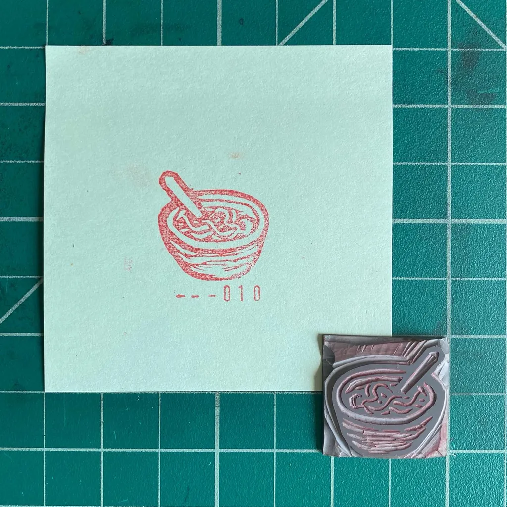 A pale cream square paper on a teal grid background displays a red drawing of a noodle bowl and chopsticks, marked with -010, next to a small, glossy square featuring the same red drawing.