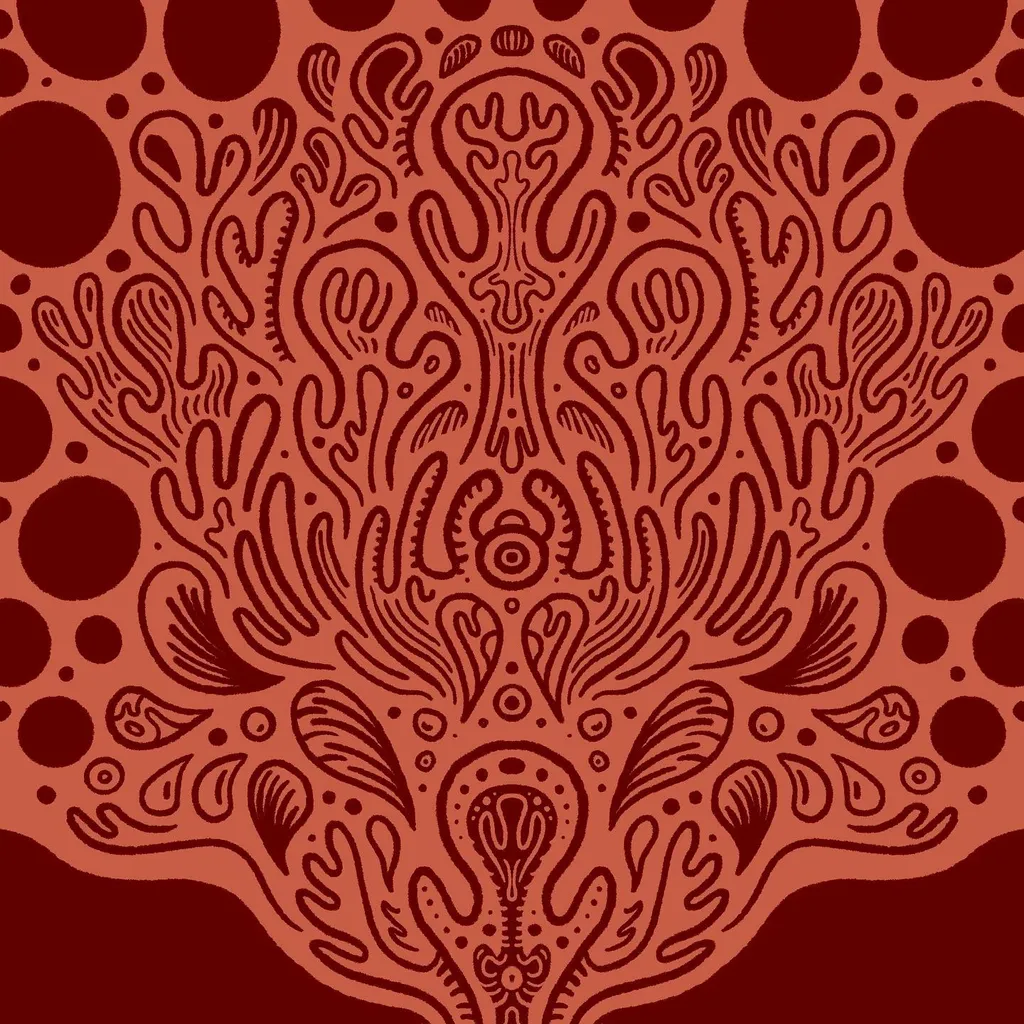 Highly detailed, symmetrical pattern in terracotta and deep red, featuring central organic designs surrounded by repeating circles and stylized floral elements.