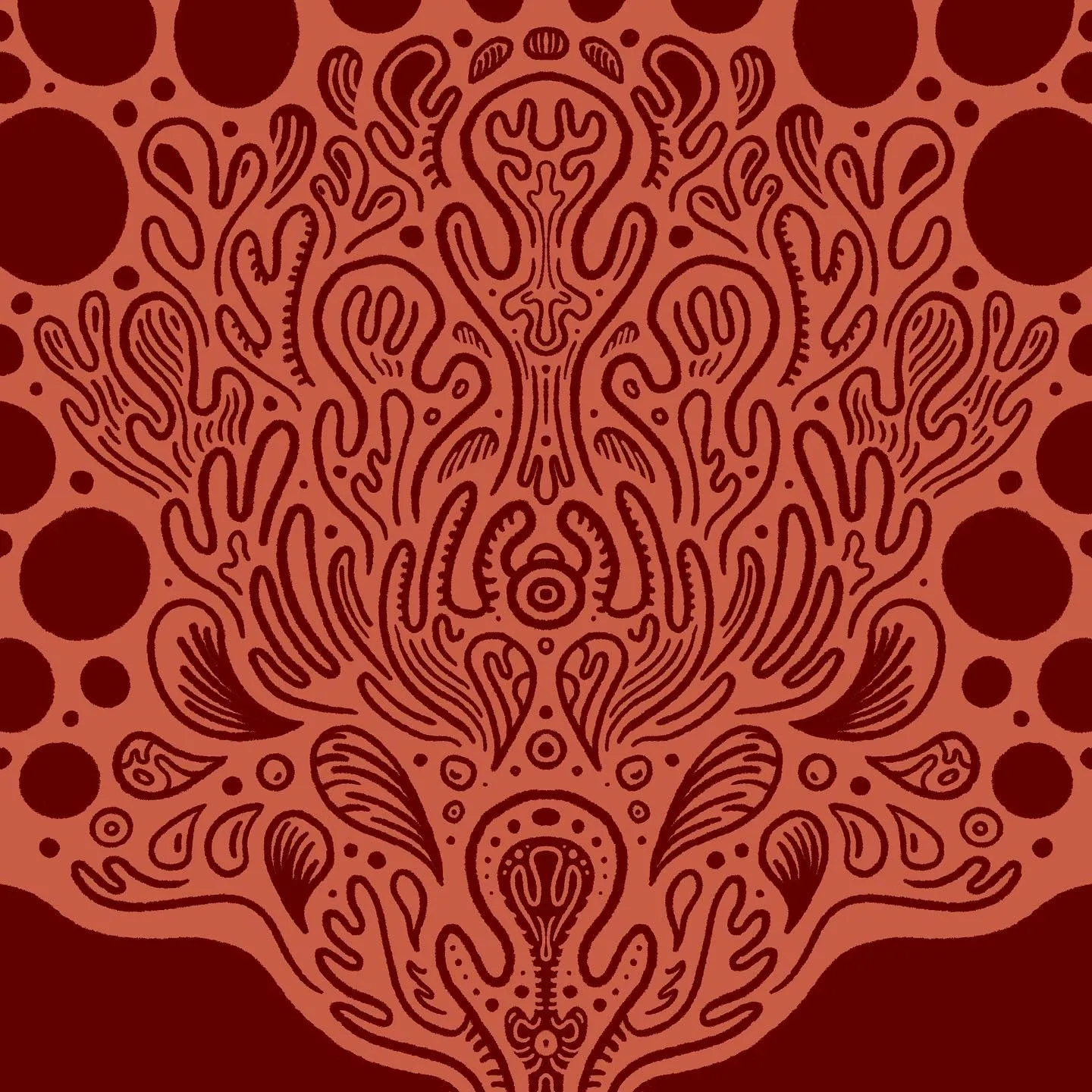 Highly detailed, symmetrical pattern in terracotta and deep red, featuring central organic designs surrounded by repeating circles and stylized floral elements.