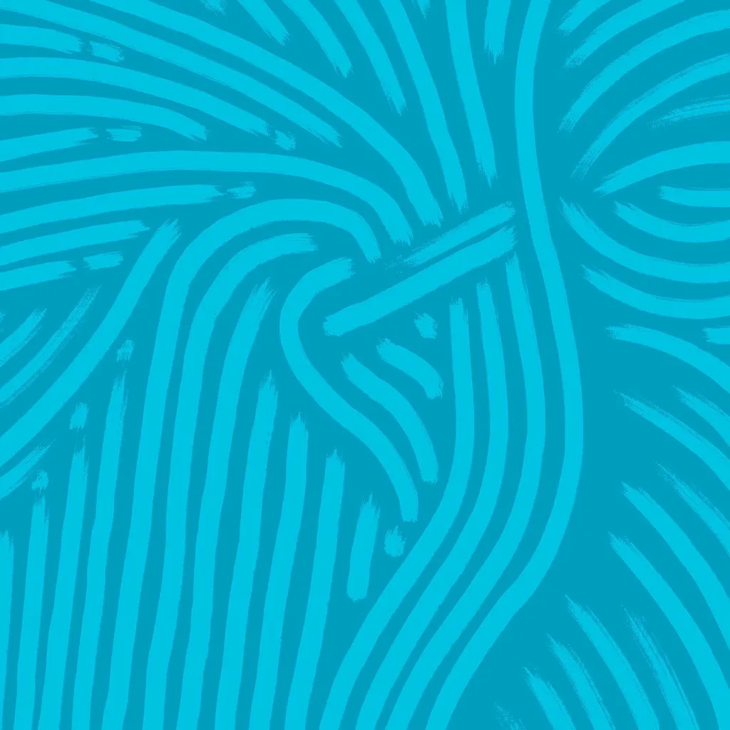 Abstract composition of flowing, curved, and straight lines in varying shades of cyan and turquoise blue, featuring visible brushstroke textures and dynamic movement.