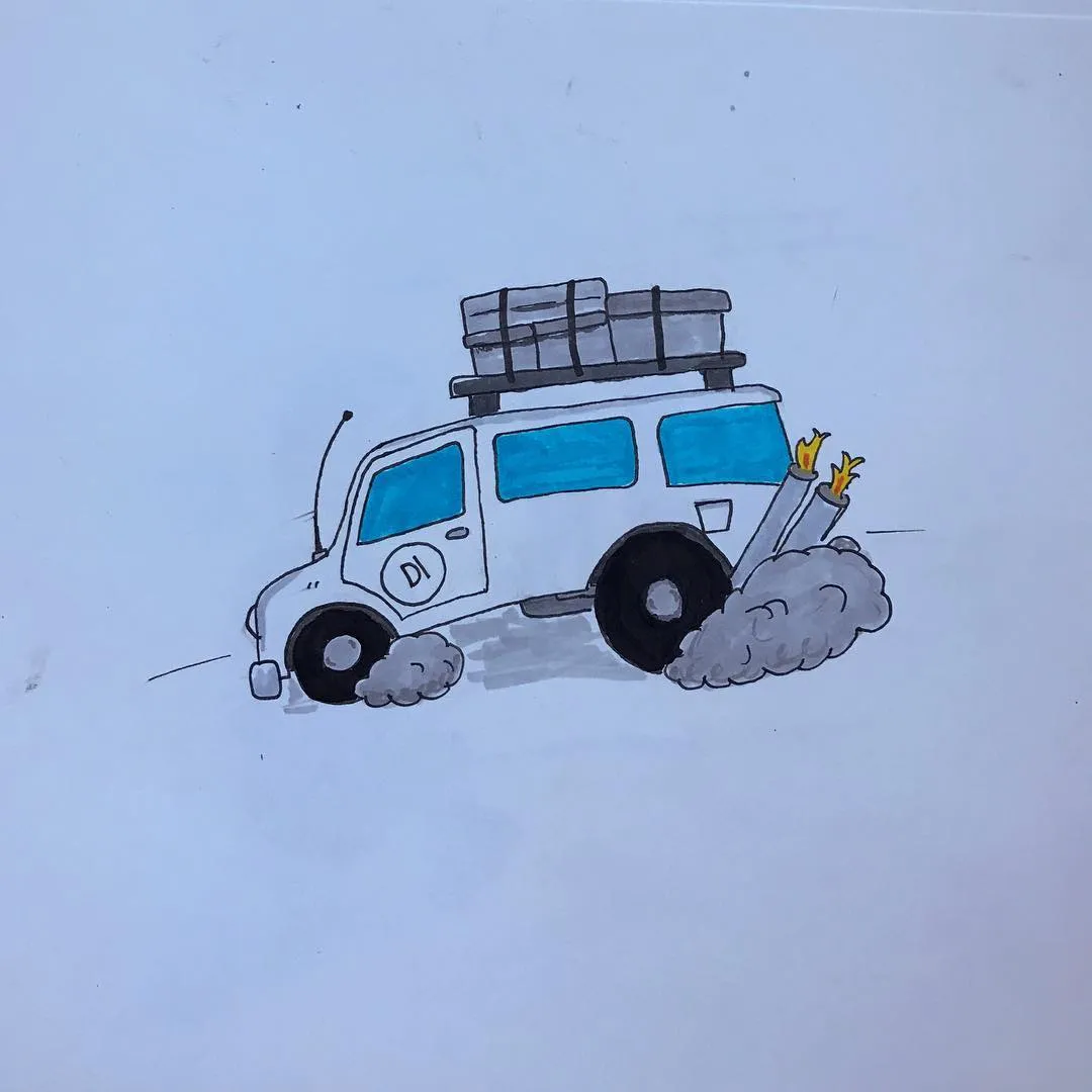 A drawing of a white SUV with blue windows and a cargo rack, depicted with gray smoke coming from the wheels and yellow flames coming from the rear.