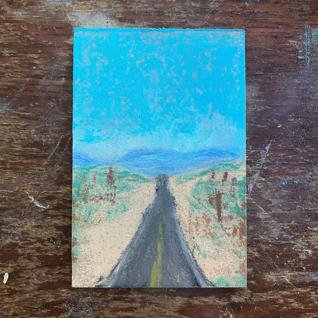 A landscape painting featuring a dark road receding into a distant horizon beneath a bright cyan sky and muted green and brown foreground.