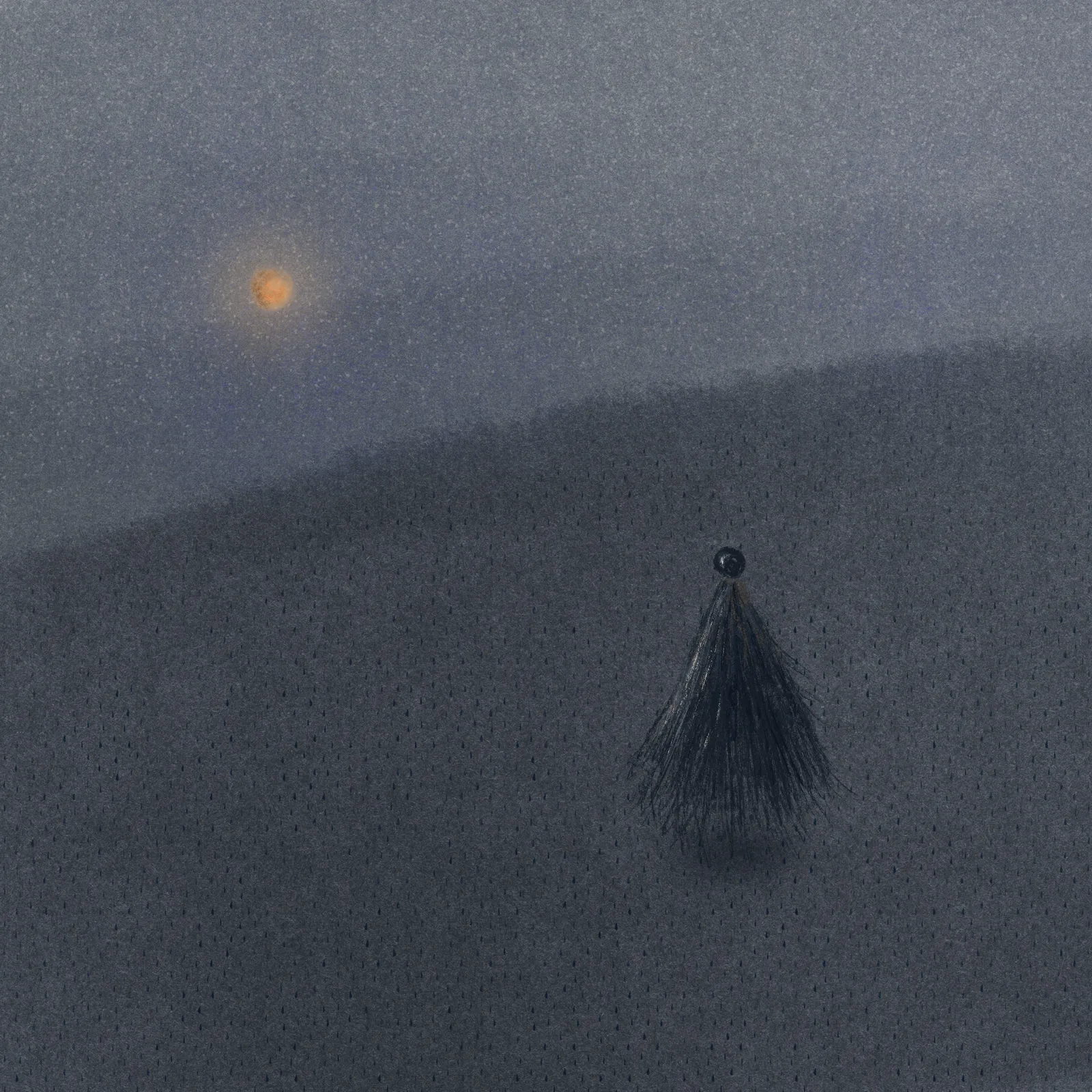 A muted, dark gray scene with a hazy horizon, featuring a small, dark plume hanging in the lower right and a soft yellow light source in the upper left.