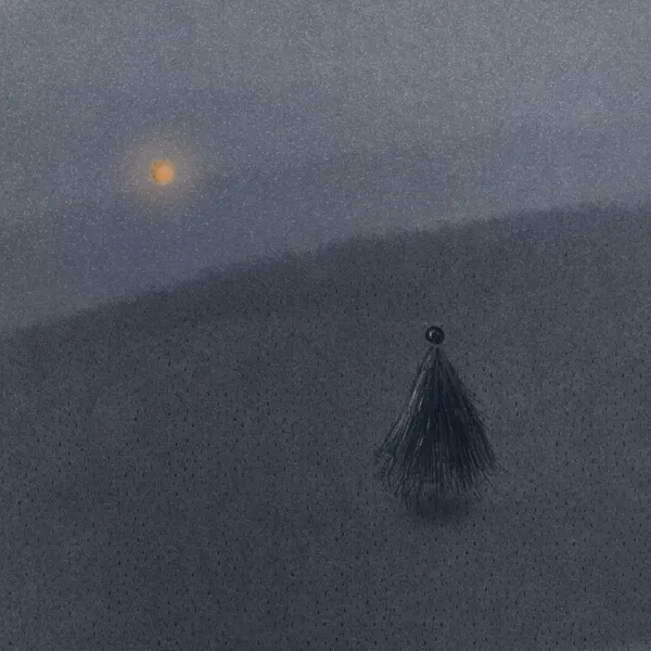 A muted, dark gray scene with a hazy horizon, featuring a small, dark plume hanging in the lower right and a soft yellow light source in the upper left.