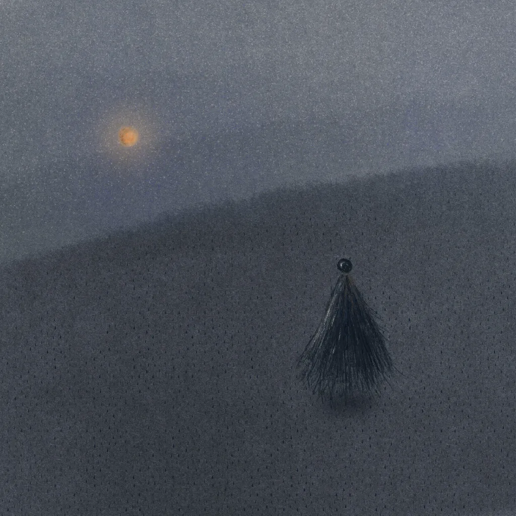 A muted, dark gray scene with a hazy horizon, featuring a small, dark plume hanging in the lower right and a soft yellow light source in the upper left.