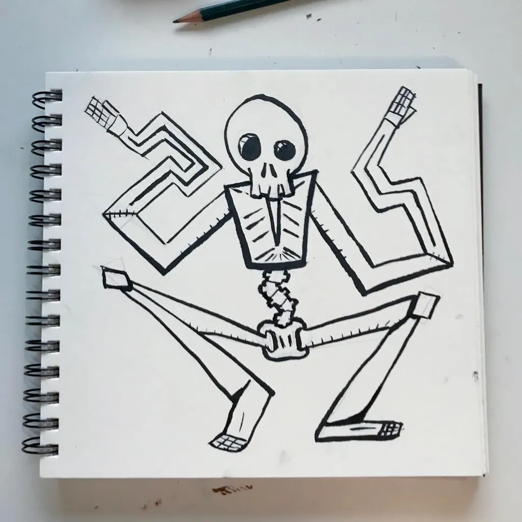 A black line drawing on white paper depicts a stylized skeletal figure with a skull head and angular, outstretched arms and legs, drawn on a spiral notebook.