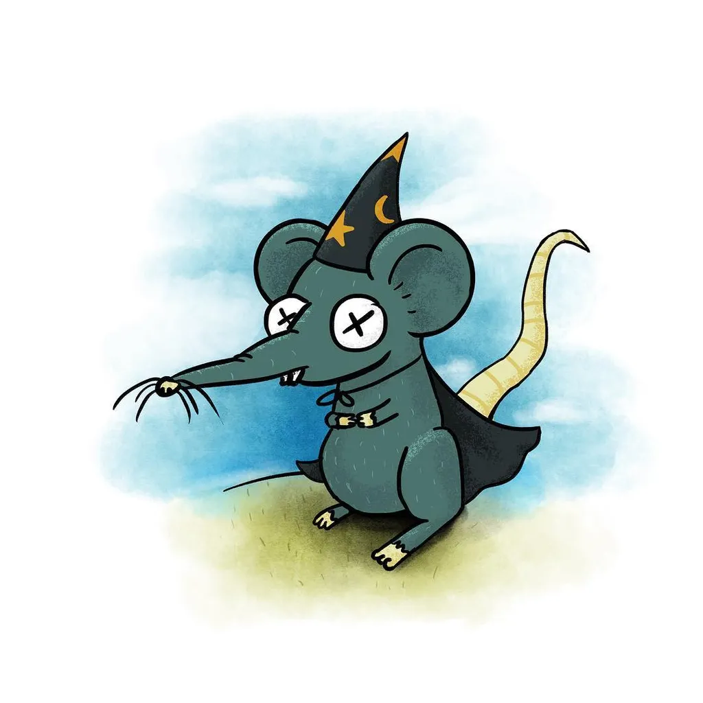 A dark gray cartoon rat wearing a pointed black wizard hat and cape sits on a tan surface, its eyes marked with crosses, against a light blue background wash.