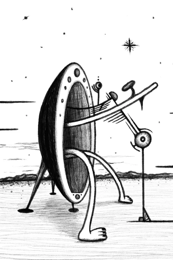Abstract pencil sketch illustrating a mechanical interaction between a  figure with two feet and stylized, geometric objects, set against a starry void.