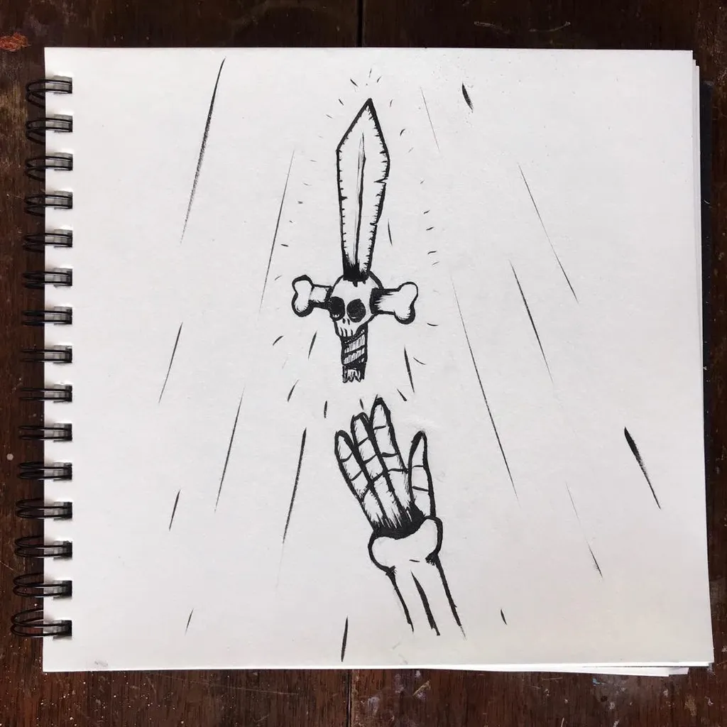 A sketch on white paper depicts a stylized dagger with a skull grip positioned above an open hand, framed by radiating lines suggesting impact and motion.