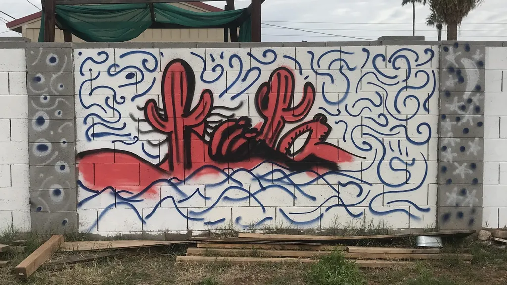 Three stylized red cacti emerge from blue waves in a mural painted on a concrete wall, framed by dense, swirling blue patterns.