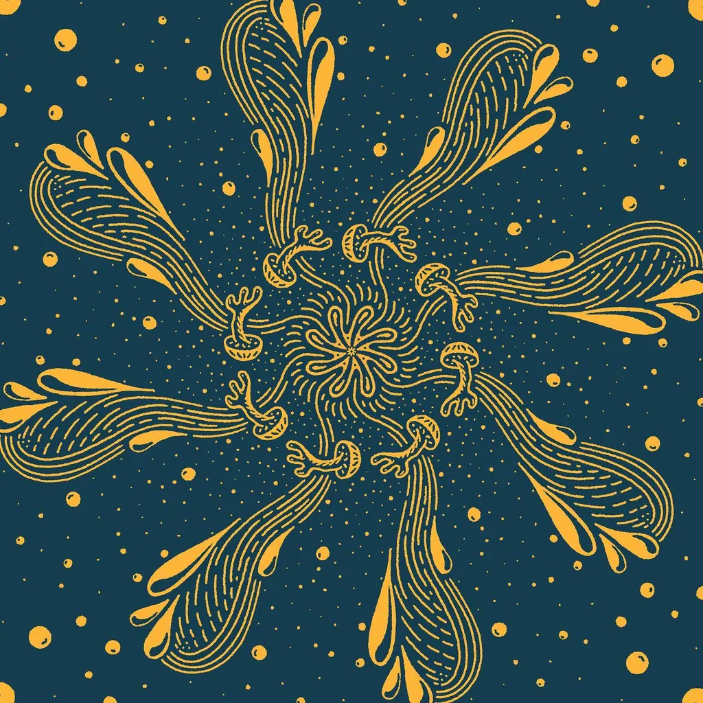 A radial pattern of eight stylized yellow, striped, leaf-like shapes radiating from a central knot cluster against a dark blue background speckled with yellow dots.