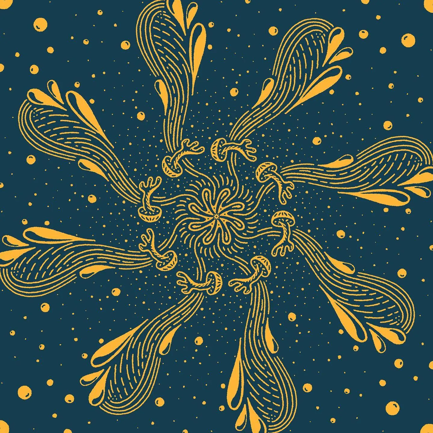A radial pattern of eight stylized yellow, striped, leaf-like shapes radiating from a central knot cluster against a dark blue background speckled with yellow dots.