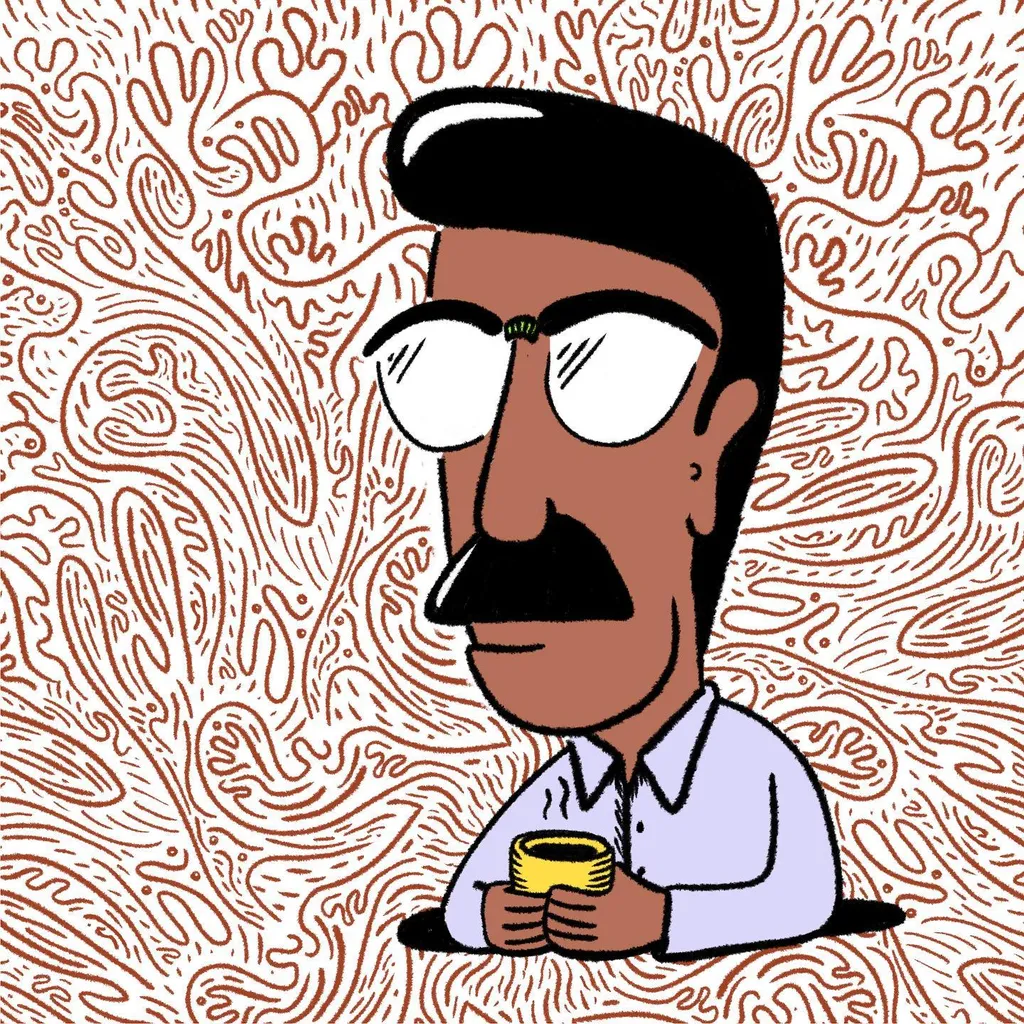 A stylized portrait of a man with dark hair and glasses, set against a dense background of wavy, reddish-brown hand-like patterns, who holds a small yellow object.
