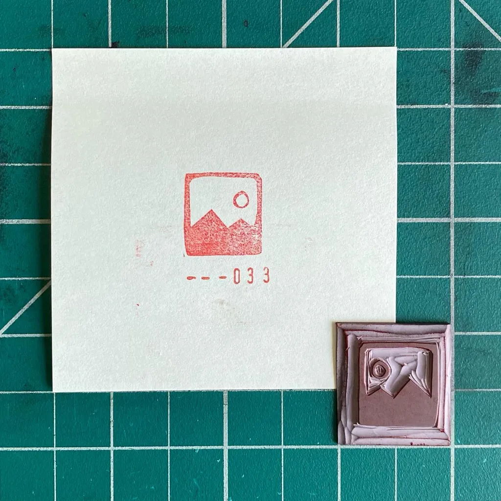 A white square rests on a teal grid, featuring a red print of a mountain and sun with numbers below; two stacked, reddish-pink squares with an abstract figure sit in the bottom right.