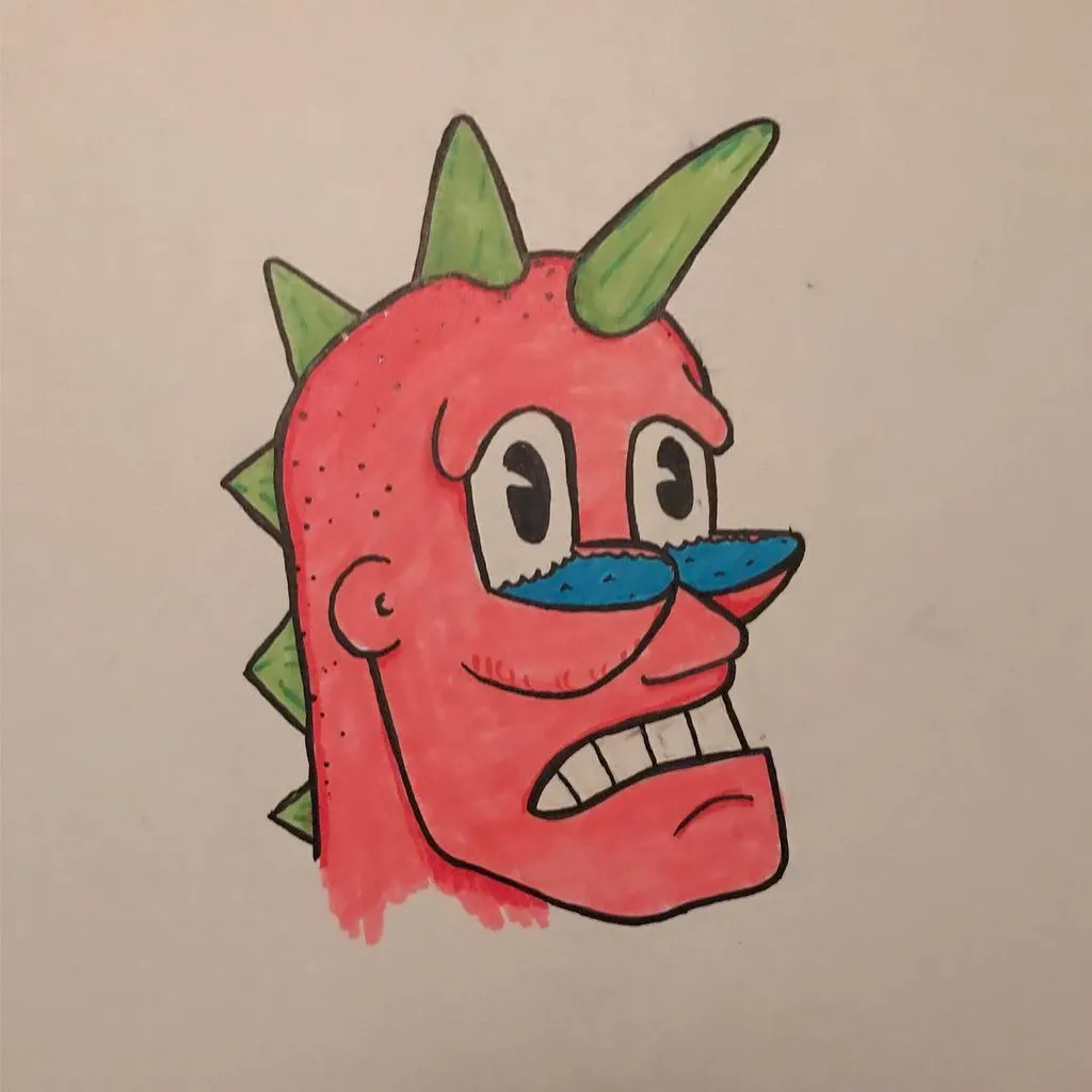 A cartoon drawing of a red, spiky character with green leaves, wearing blue sunglasses and drawn with thick black outlines.