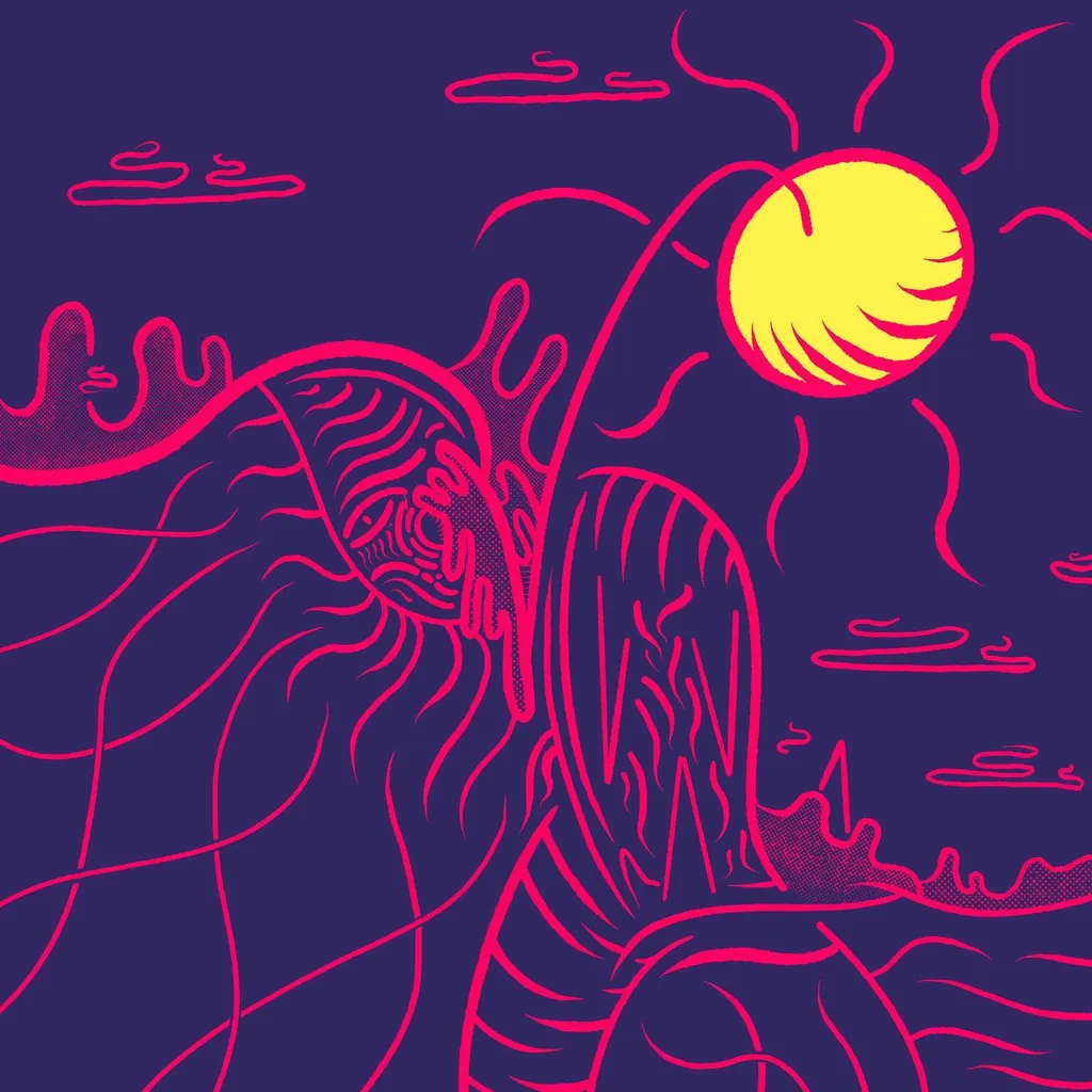Deep purple background features abstract, magenta organic forms: flowing lines on the left, a central connecting structure, and a segmented form on the right, illuminated by a yellow circle in the upper corner.