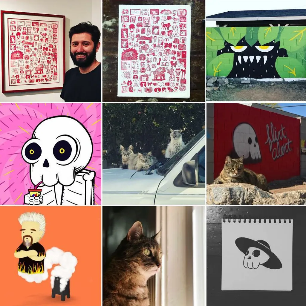 A collage displaying various artworks, including patterned squares, a green mural of a skull, and cartoon drawings, alongside photographs of cats and a smiling man.