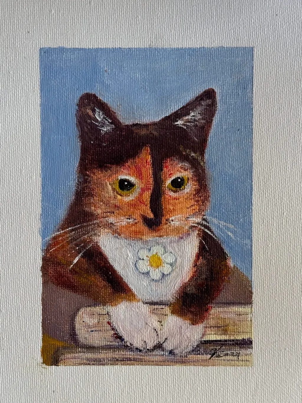 A painted portrait of a brown and black cat with orange markings, sitting on a surface against a muted blue background, wearing a white flower collar.
