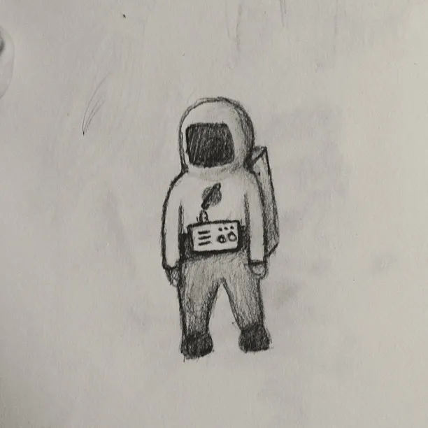 A simple black sketch of a figure in a protective suit, centered on the page, carrying a rectangular device on its chest that features three circles and a side strap.