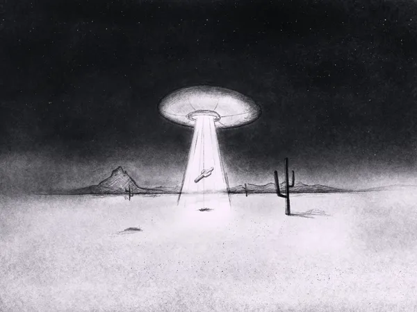 A grayscale sketch depicts a large, glowing saucer hovering above a desert plain with saguaro cacti and low hills under a dark night sky.