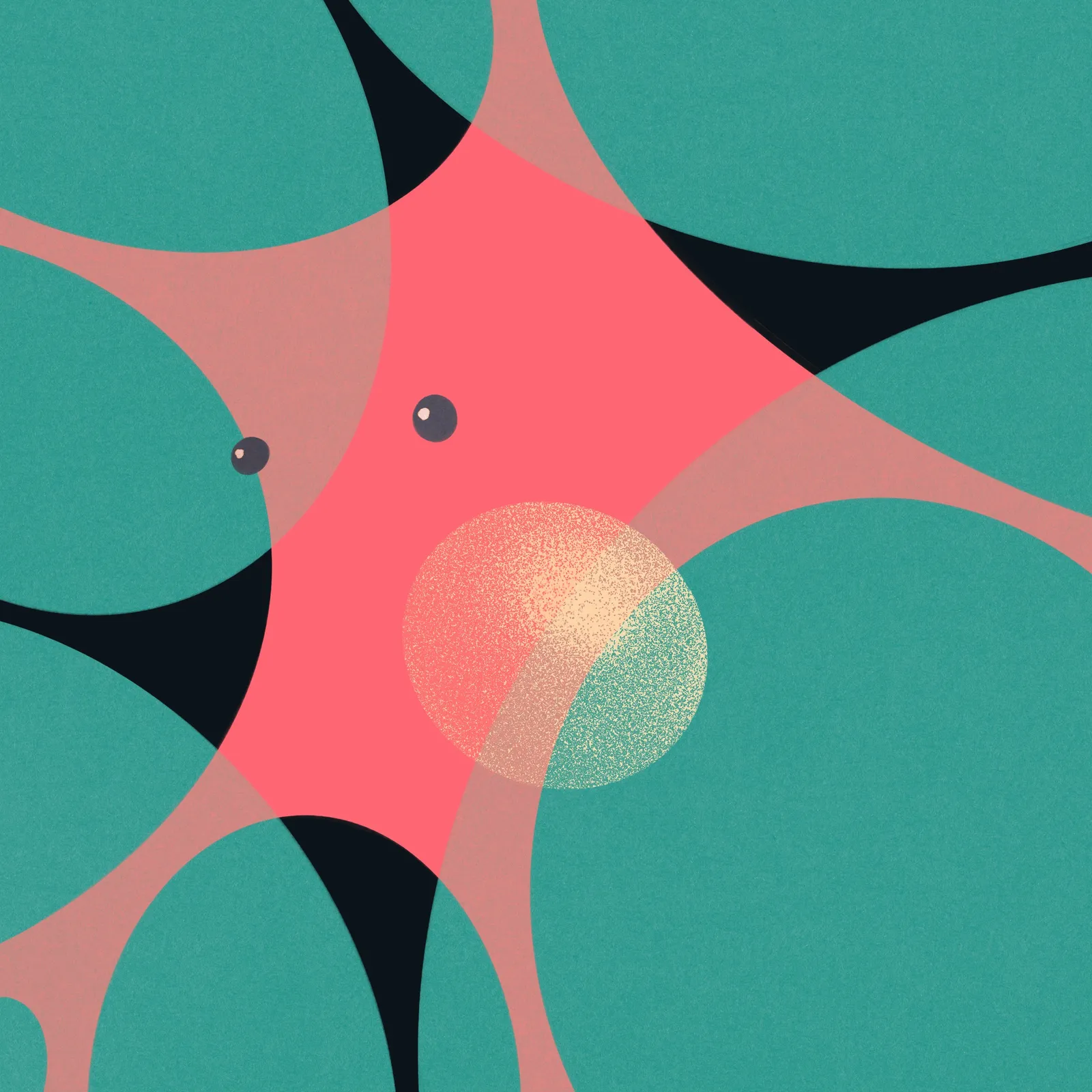 Abstract composition of overlapping teal, coral, and pink shapes, featuring two small black dots like eyes and a textured speckled circle in the center.