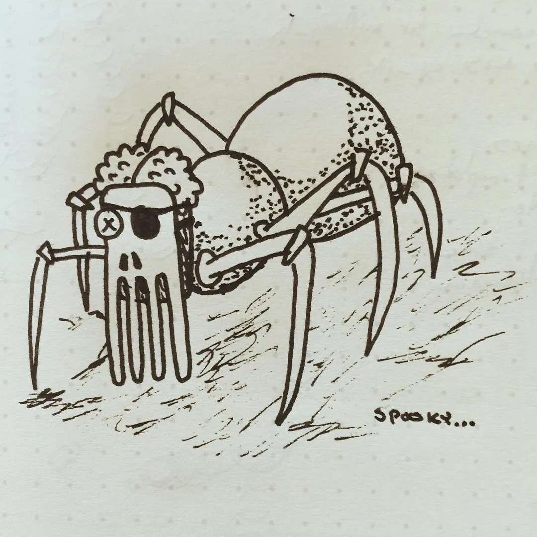 A black ink sketch of a large, stylized insect with multiple thick legs and a detailed head, drawn on white paper, accompanied by the text SPOOKY...